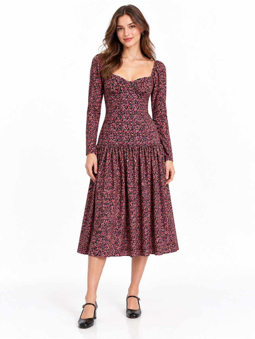 Hutch Burgundy Floral Sweetheart Midi Dress